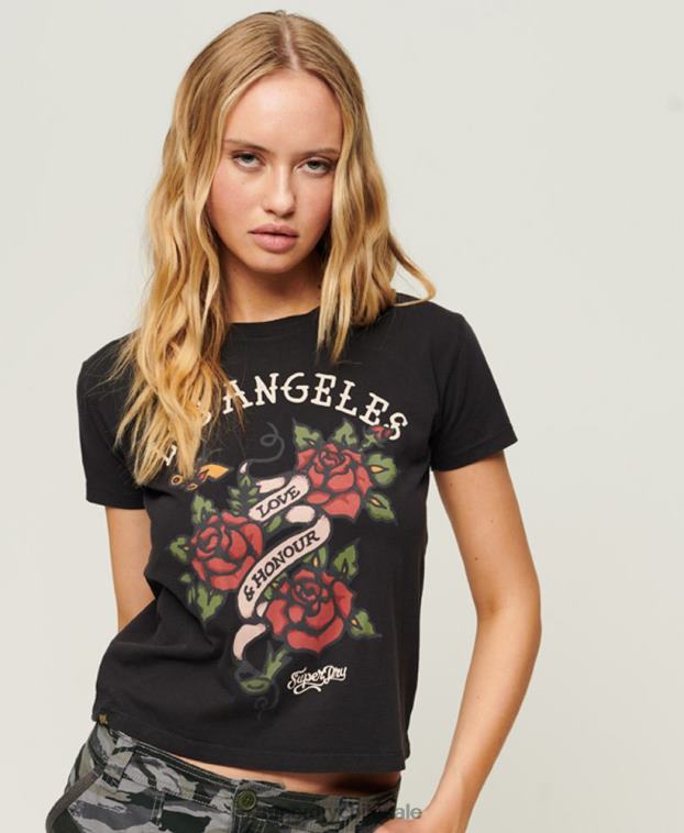 mujer Superdry negro playera con estampado de tatuaje de los años 90 2R68Z2616