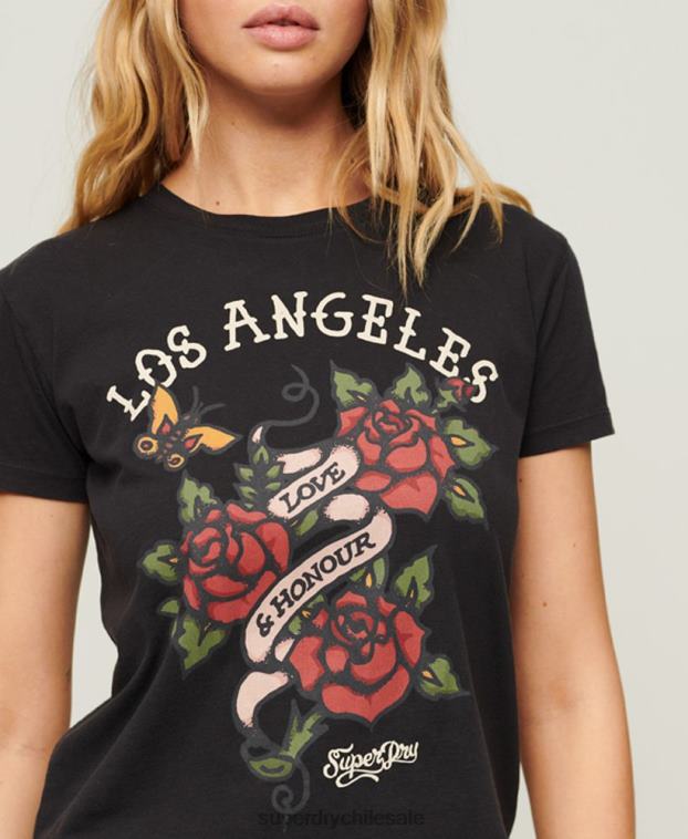 mujer Superdry negro playera con estampado de tatuaje de los años 90 2R68Z2616
