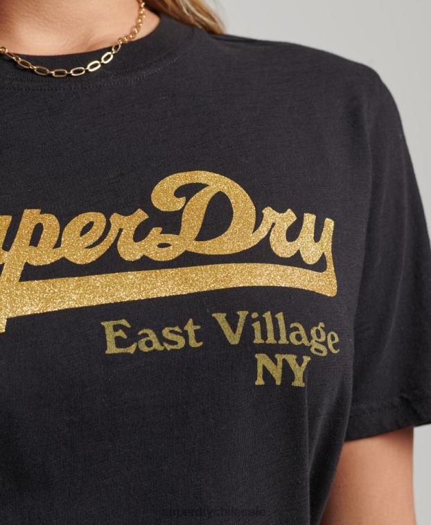 mujer Superdry negro playera con logo gráfico adornado 2R68Z6185