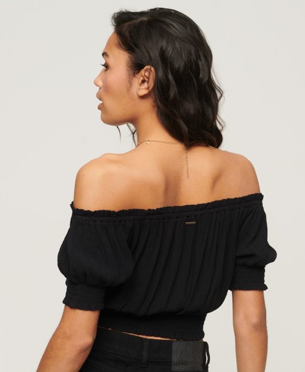 mujer Superdry negro top corto de manga corta con nido de abeja 2R68Z2870