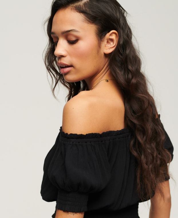 mujer Superdry negro top corto de manga corta con nido de abeja 2R68Z2870