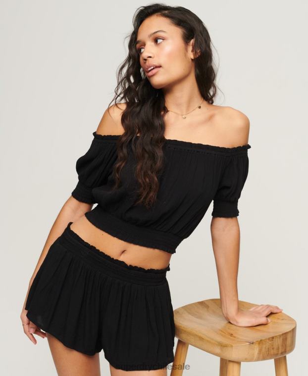 mujer Superdry negro top corto de manga corta con nido de abeja 2R68Z2870