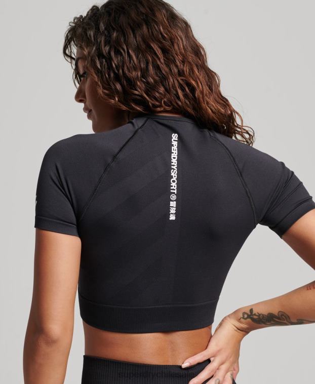 mujer Superdry negro top corto de manga corta sin costuras 2R68Z2908