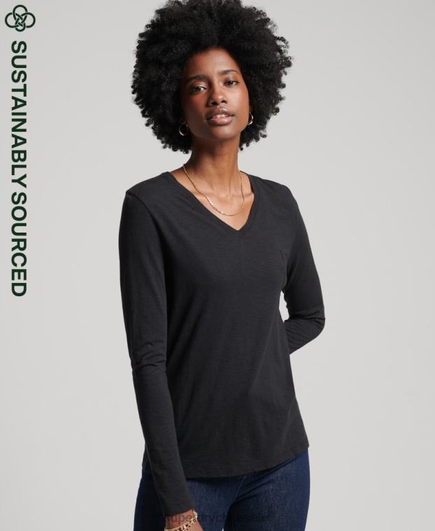 mujer Superdry negro top de manga larga con cuello de pico y bolsillo de algodón orgánico 2R68Z6562