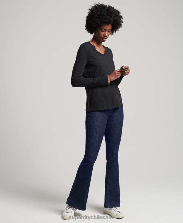 mujer Superdry negro top de manga larga con cuello de pico y bolsillo de algodón orgánico 2R68Z6562
