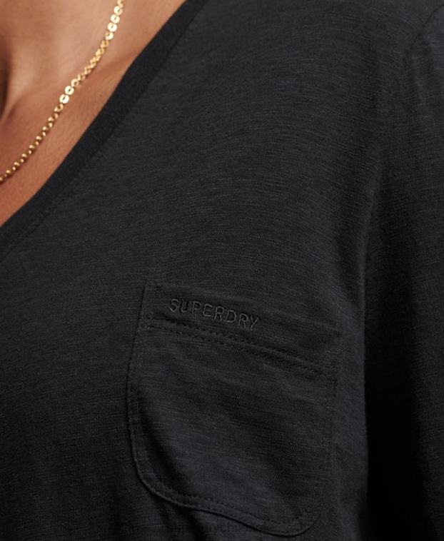 mujer Superdry negro top de manga larga con cuello de pico y bolsillo de algodón orgánico 2R68Z6562