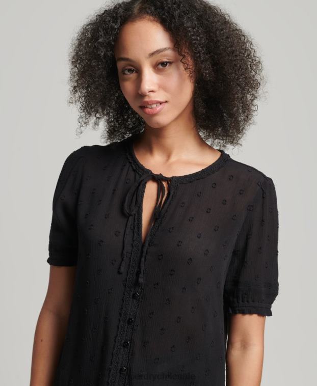 mujer Superdry negro top vintage de manga corta bordado 2R68Z6696