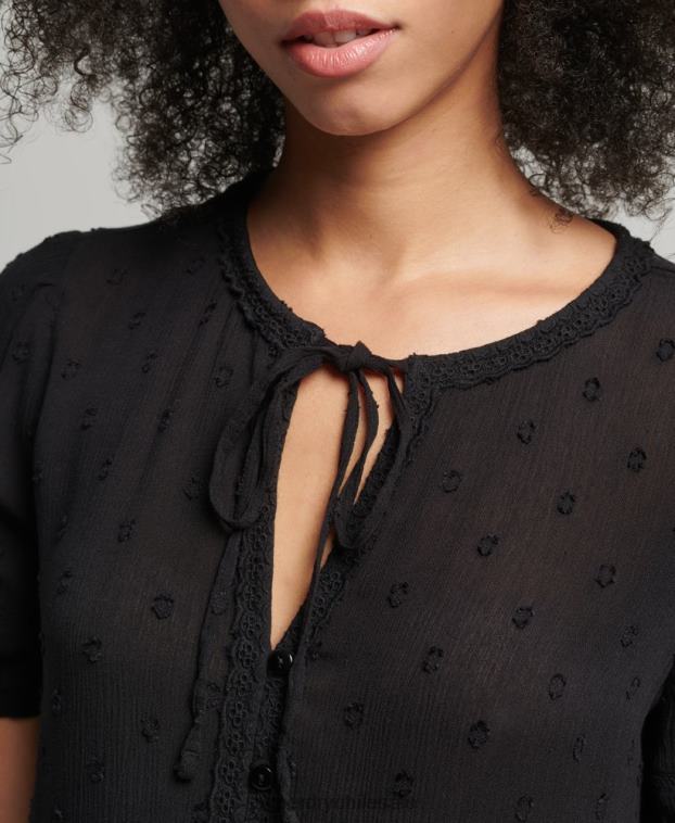 mujer Superdry negro top vintage de manga corta bordado 2R68Z6696