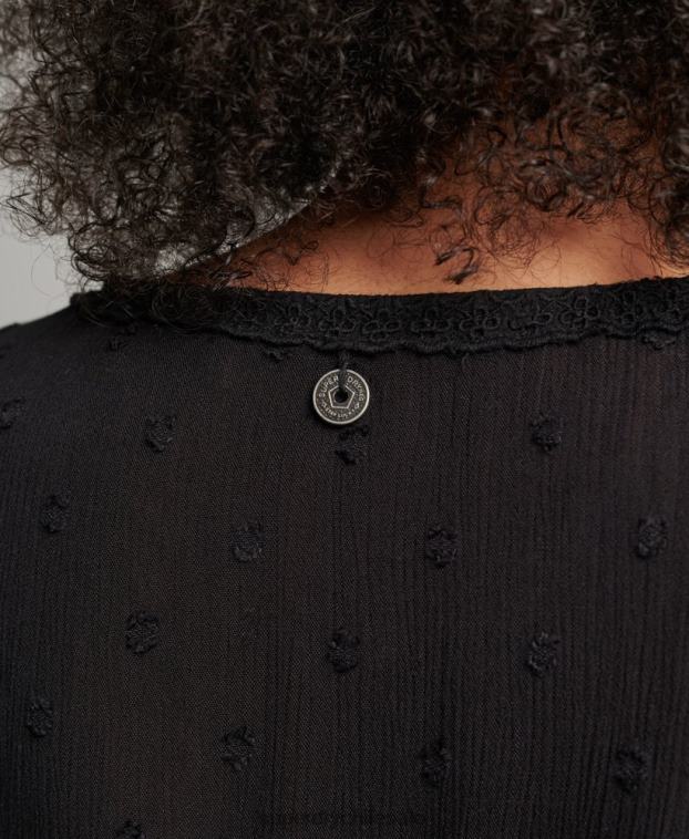 mujer Superdry negro top vintage de manga corta bordado 2R68Z6696