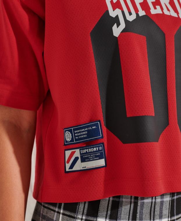 mujer Superdry rojo playera boxy con arco universitario 2R68Z2814
