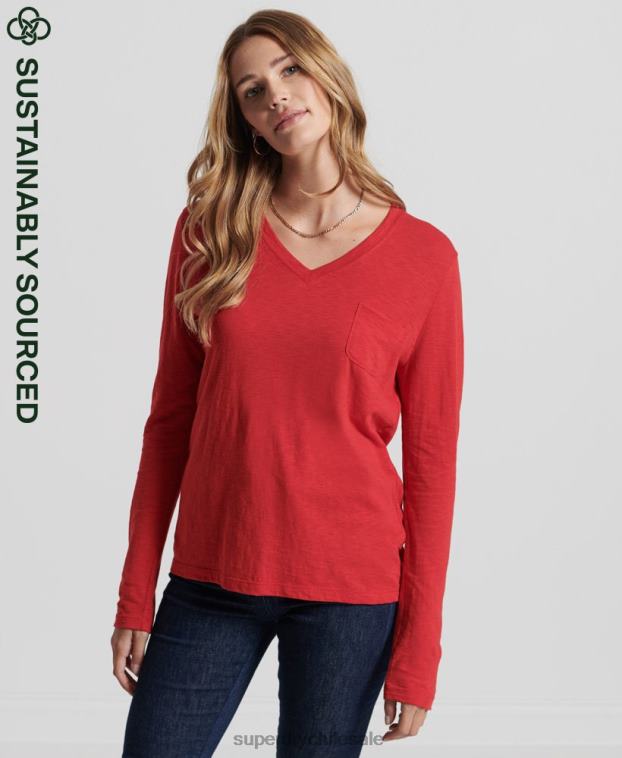 mujer Superdry rojo top de manga larga con cuello de pico y bolsillo de algodón orgánico 2R68Z6660