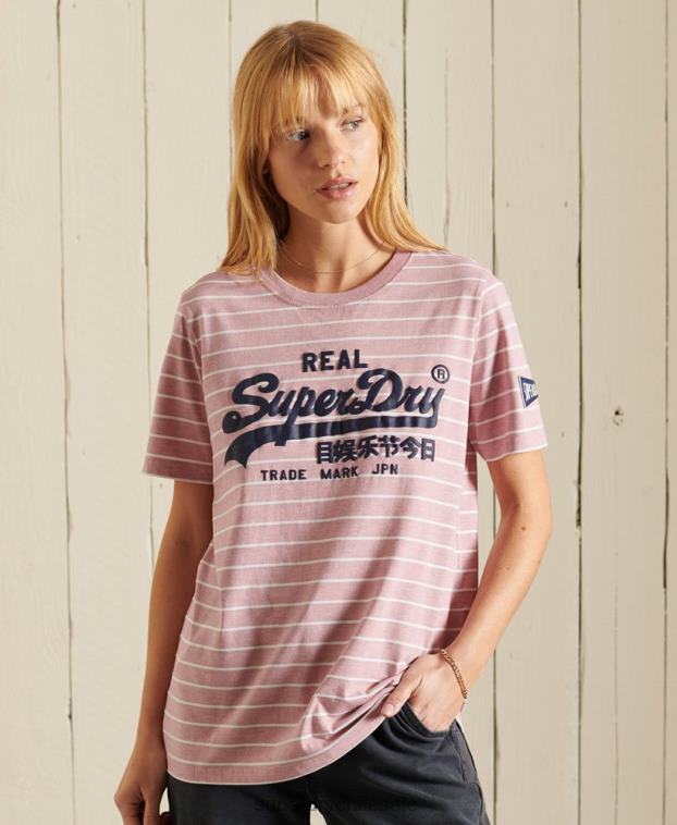 mujer Superdry rosa playera a rayas con fuente del logo vintage 2R68Z2804