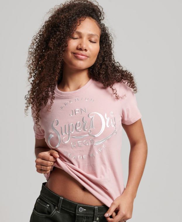 mujer Superdry rosa playera premium con bordado de letras 2R68Z6307
