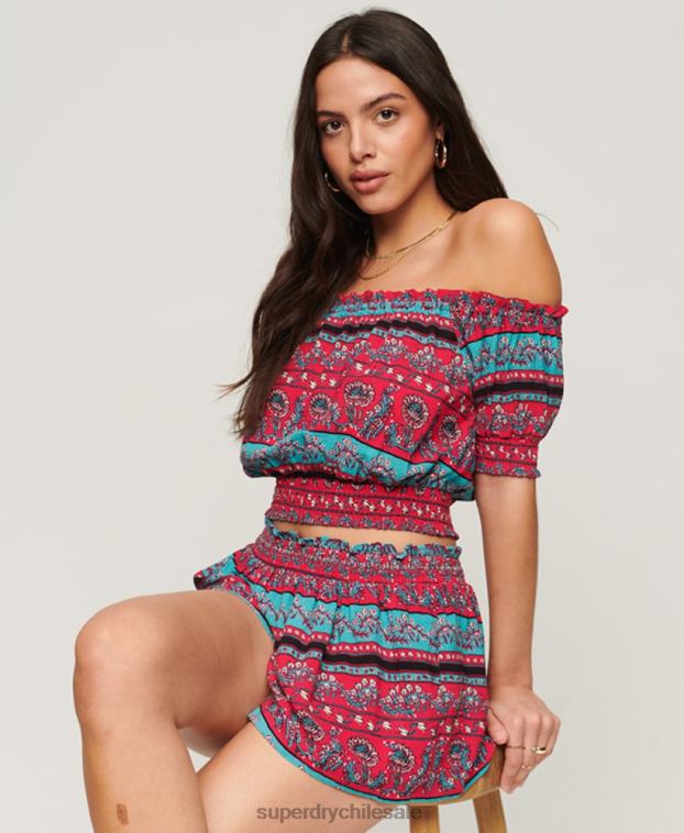 mujer Superdry rosa top corto de manga corta con nido de abeja 2R68Z2109