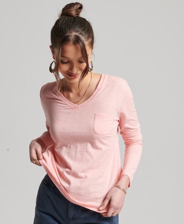 mujer Superdry rosa top de manga larga con cuello de pico y bolsillo de algodón orgánico 2R68Z6552