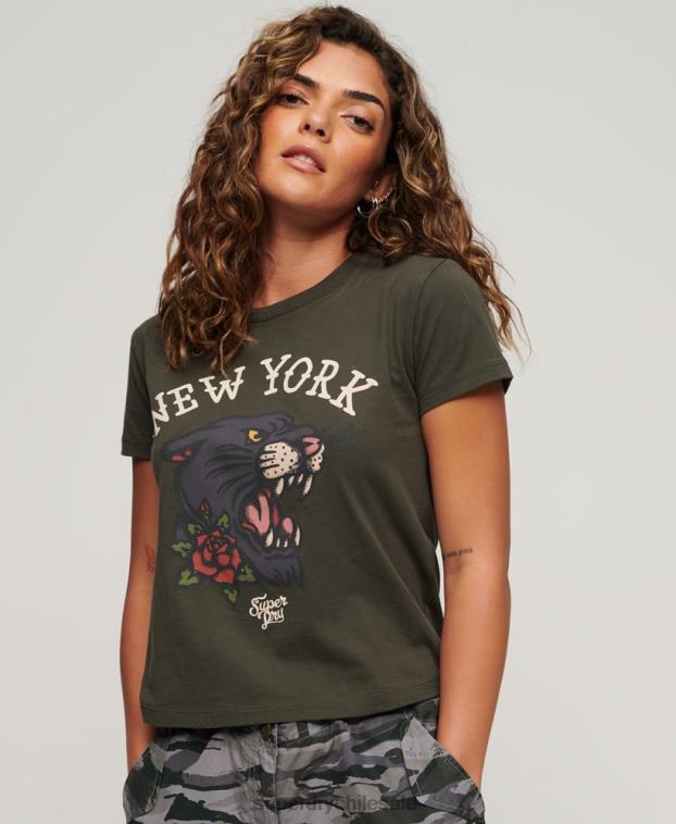 mujer Superdry verde playera con estampado de tatuaje de los años 90 2R68Z2627