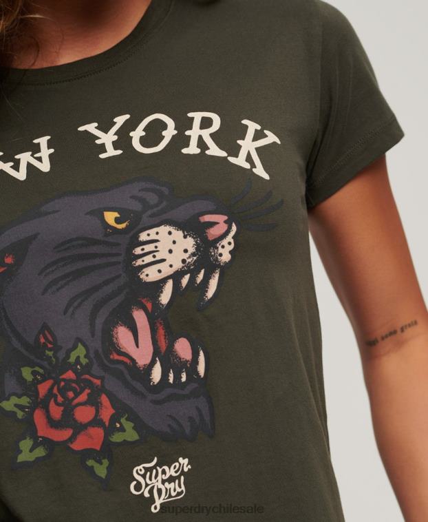 mujer Superdry verde playera con estampado de tatuaje de los años 90 2R68Z2627