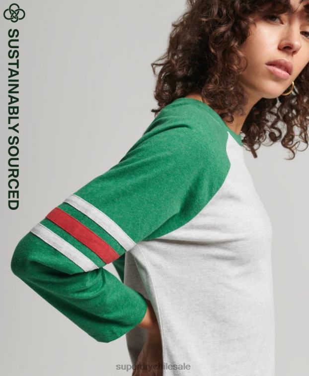 mujer Superdry verde top de béisbol vintage de media manga de algodón orgánico 2R68Z6555