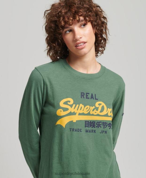 mujer Superdry verde top de manga larga con logo vintage 2R68Z3045