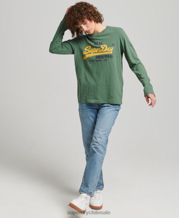 mujer Superdry verde top de manga larga con logo vintage 2R68Z3045