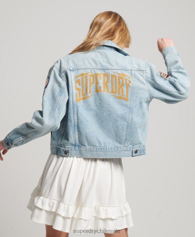 mujer Superdry azul claro chamarra estilo camionero con parches vintage 2R68Z2019