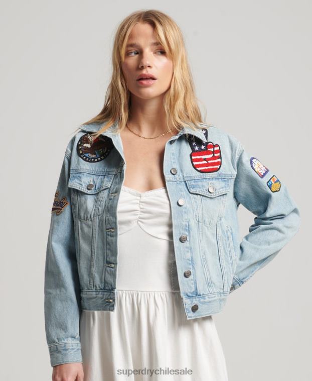 mujer Superdry azul claro chamarra estilo camionero con parches vintage 2R68Z2019