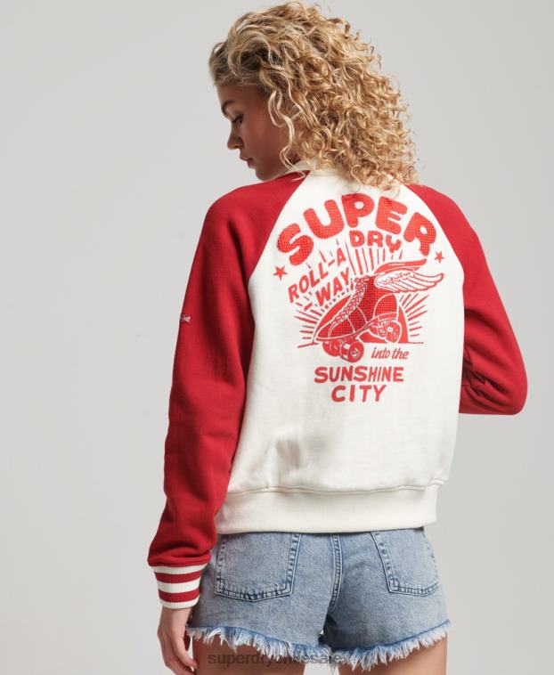 mujer Superdry blanco chamarra bomber con motivo de colegial 2R68Z3610
