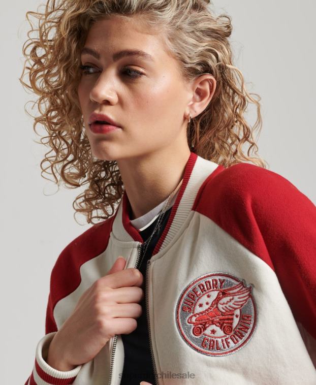 mujer Superdry blanco chamarra bomber con motivo de colegial 2R68Z3610
