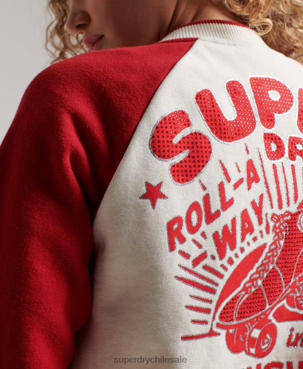 mujer Superdry blanco chamarra bomber con motivo de colegial 2R68Z3610