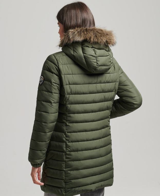 mujer Superdry caqui chamarra acolchada de pelo sintético con capucha 2R68Z3715