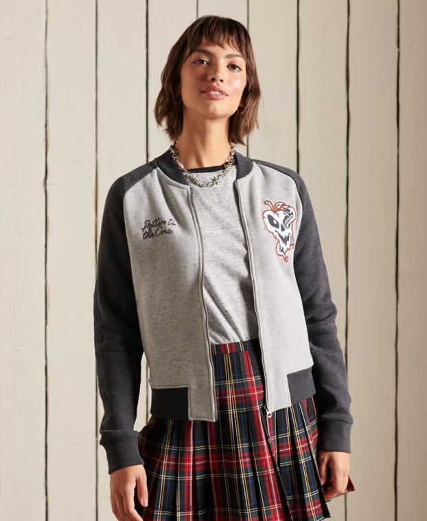 mujer Superdry gris chamarra bomber de punto con líneas cruzadas 2R68Z5839