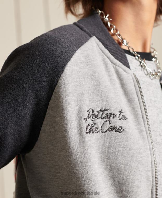 mujer Superdry gris chamarra bomber de punto con líneas cruzadas 2R68Z5839