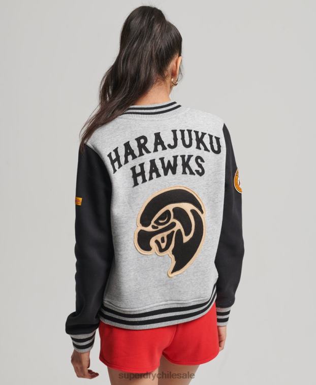 mujer Superdry gris chamarra de bombardero de jersey de béisbol universitario vintage 2R68Z3754