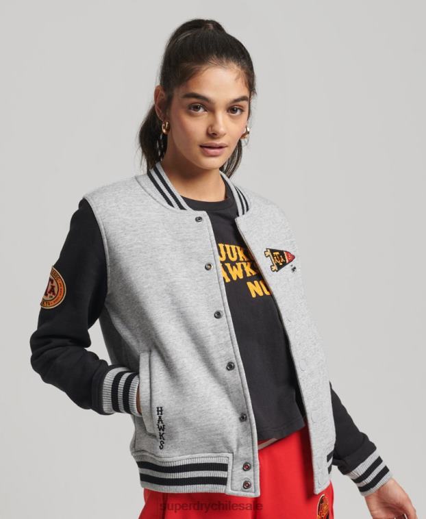 mujer Superdry gris chamarra de bombardero de jersey de béisbol universitario vintage 2R68Z3754