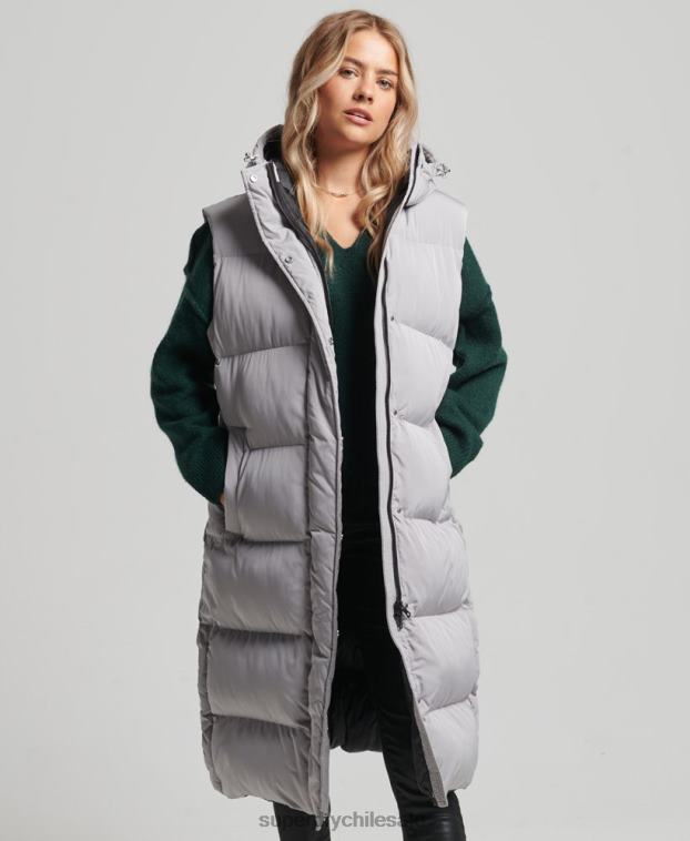 mujer Superdry gris claro chaleco acolchado largo con capucha 2R68Z3573