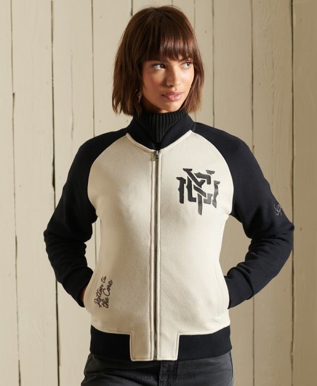 mujer Superdry gris claro chamarra bomber de punto con líneas cruzadas 2R68Z5825