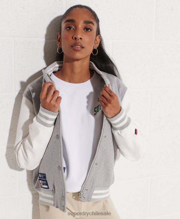mujer Superdry gris claro chaqueta de béisbol del equipo universitario de lana 2R68Z5585