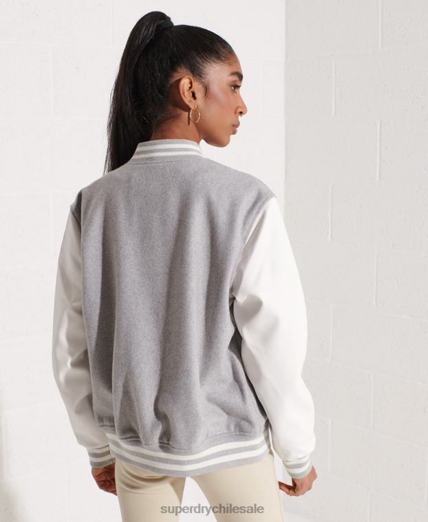 mujer Superdry gris claro chaqueta de béisbol del equipo universitario de lana 2R68Z5585