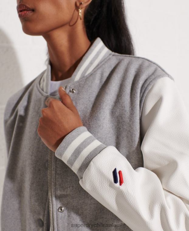 mujer Superdry gris claro chaqueta de béisbol del equipo universitario de lana 2R68Z5585