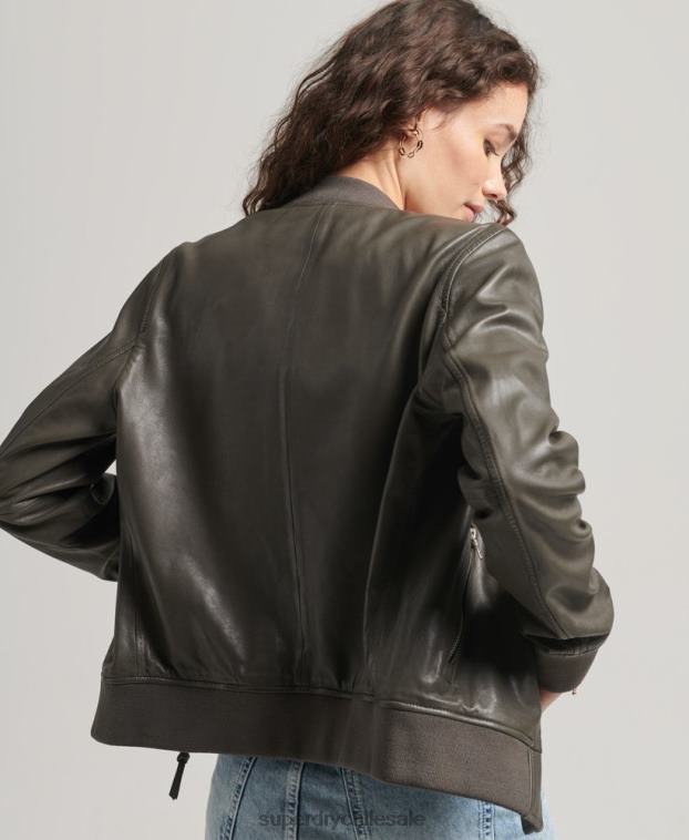 mujer Superdry gris oscuro chamarra bomber de cuero 2R68Z5620