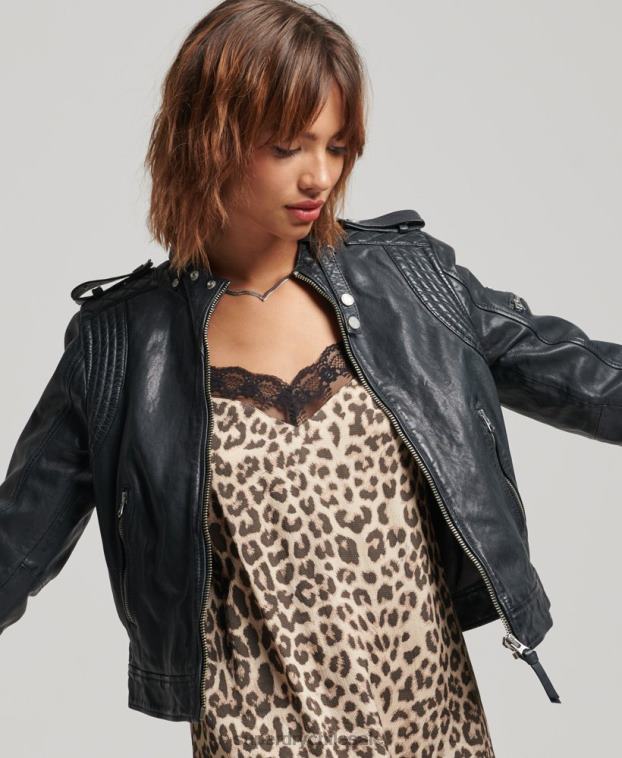 mujer Superdry gris oscuro chaqueta de motociclista de cuero vintage 2R68Z2042