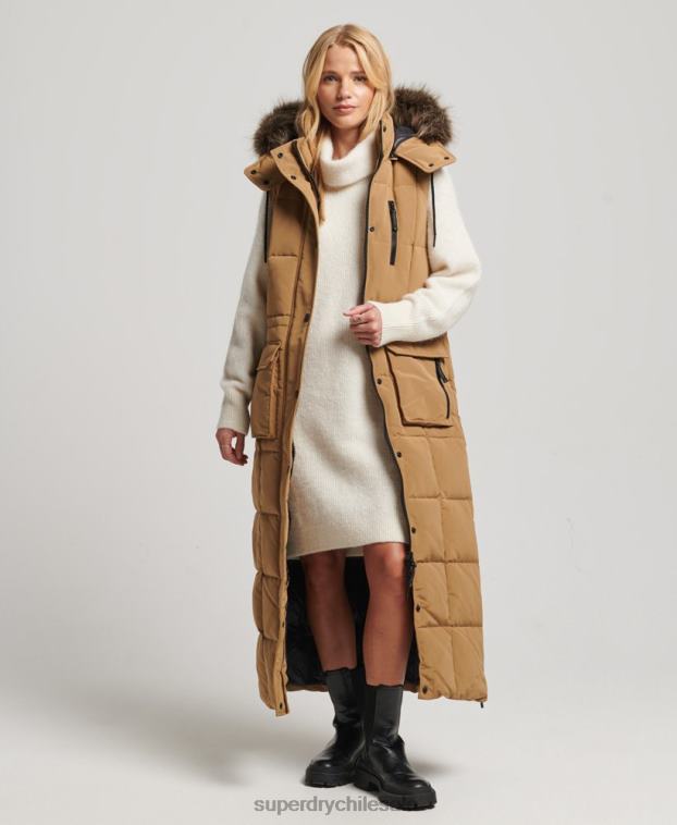 mujer Superdry marrón chaleco acolchado de pelo largo con capucha 2R68Z3572