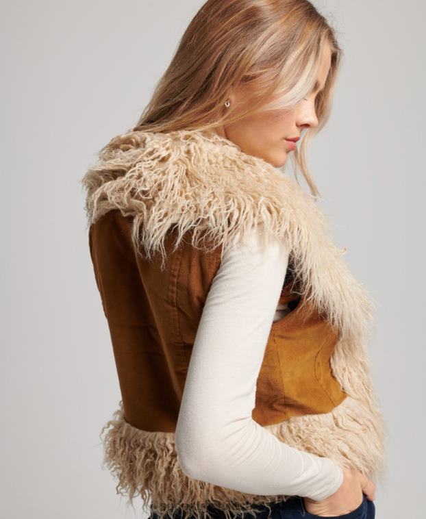 mujer Superdry marrón chaleco corto afgano con forro de piel sintética 2R68Z3553