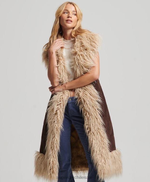 mujer Superdry marrón chaleco largo afgano de piel sintética 2R68Z3561
