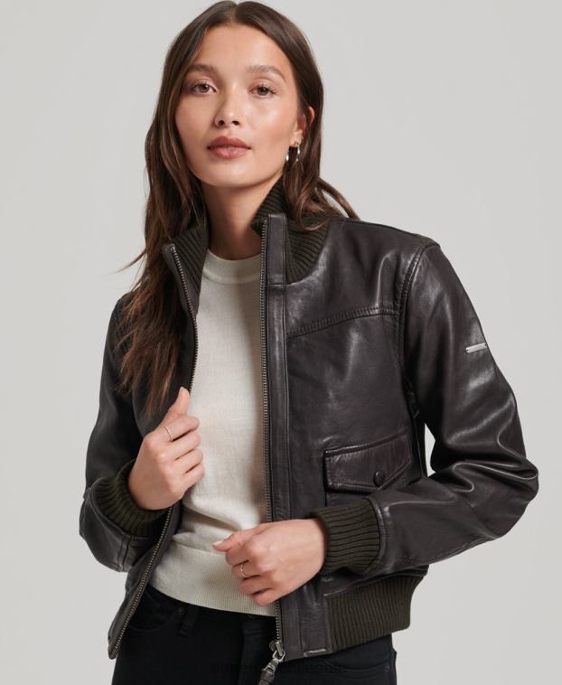 mujer Superdry marrón chamarra bomber de piel con cuello de punto 2R68Z3546