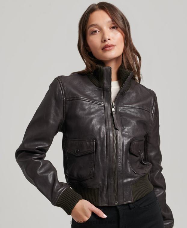mujer Superdry marrón chamarra bomber de piel con cuello de punto 2R68Z3546