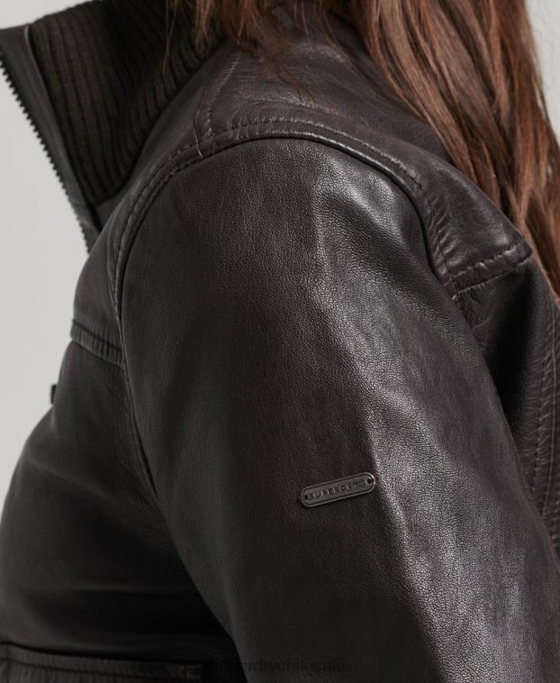 mujer Superdry marrón chamarra bomber de piel con cuello de punto 2R68Z3546