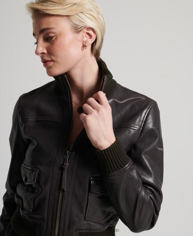mujer Superdry marrón chamarra bomber de piel con cuello de punto 2R68Z3672