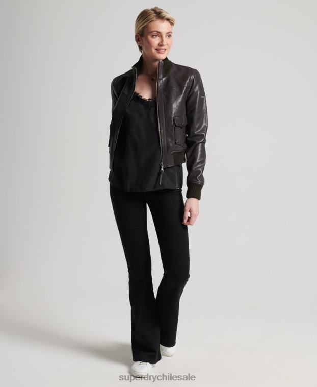 mujer Superdry marrón chamarra bomber de piel con cuello de punto 2R68Z3672