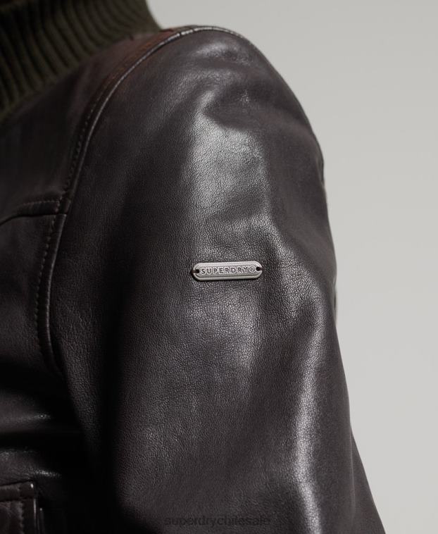 mujer Superdry marrón chamarra bomber de piel con cuello de punto 2R68Z3672